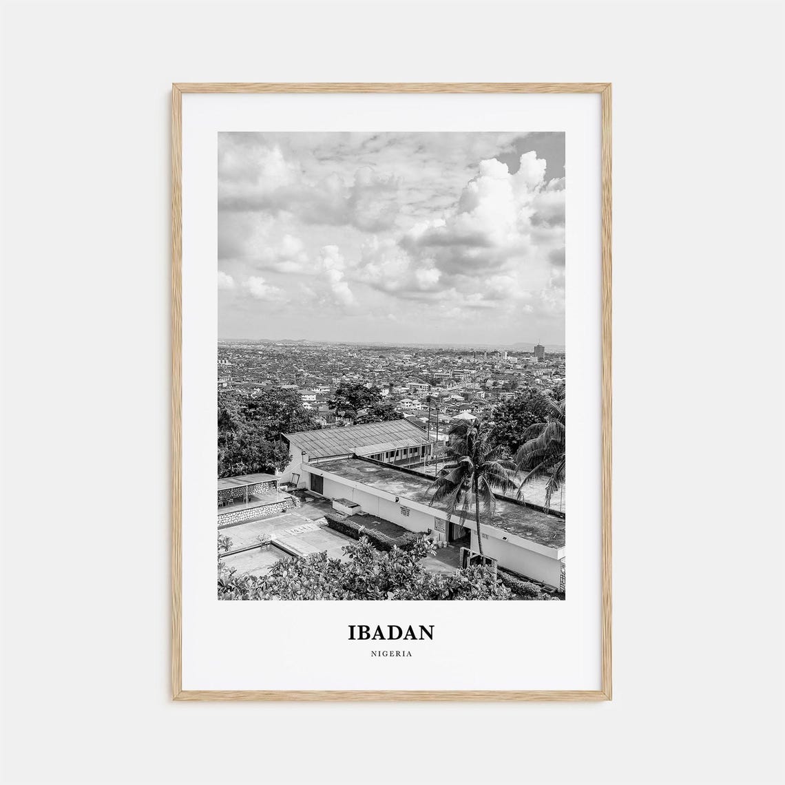 Ibadan Nigeria City Rooftops Skyline Black and White Travel Poster