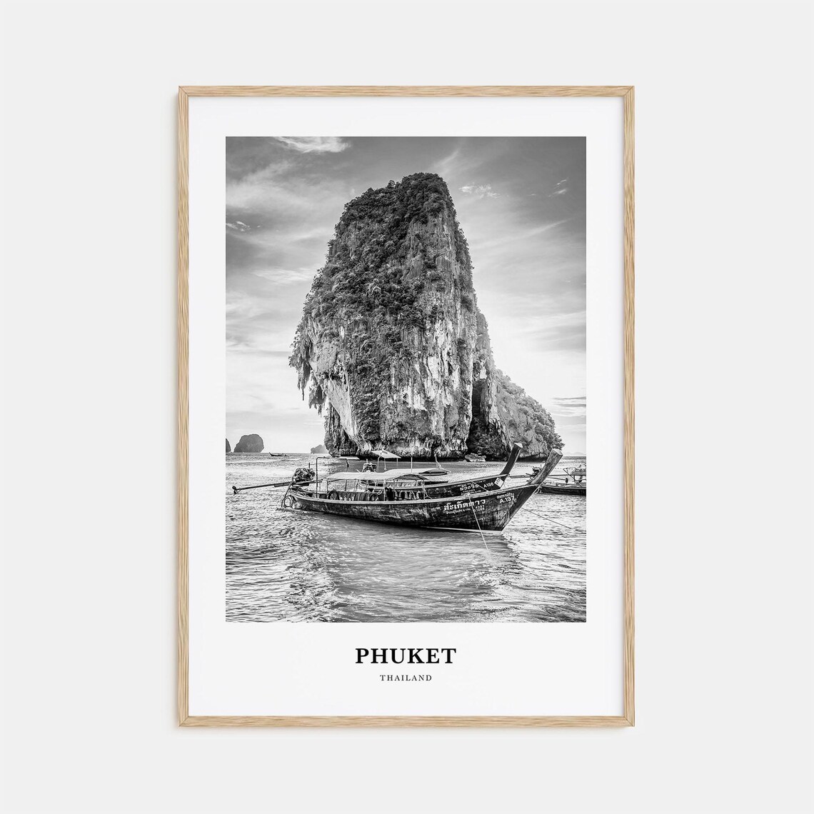 Phuket Thailand Limestone Karst Longtail Boat Black and White Poster