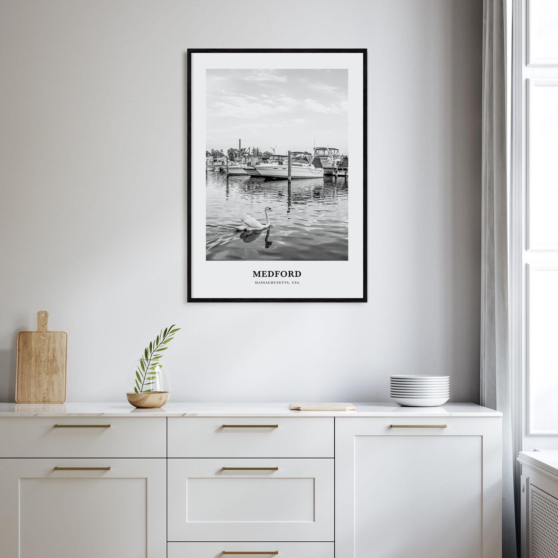 Medford Massachusetts Harbor Swan Black White Photography Art Poster - Image 2