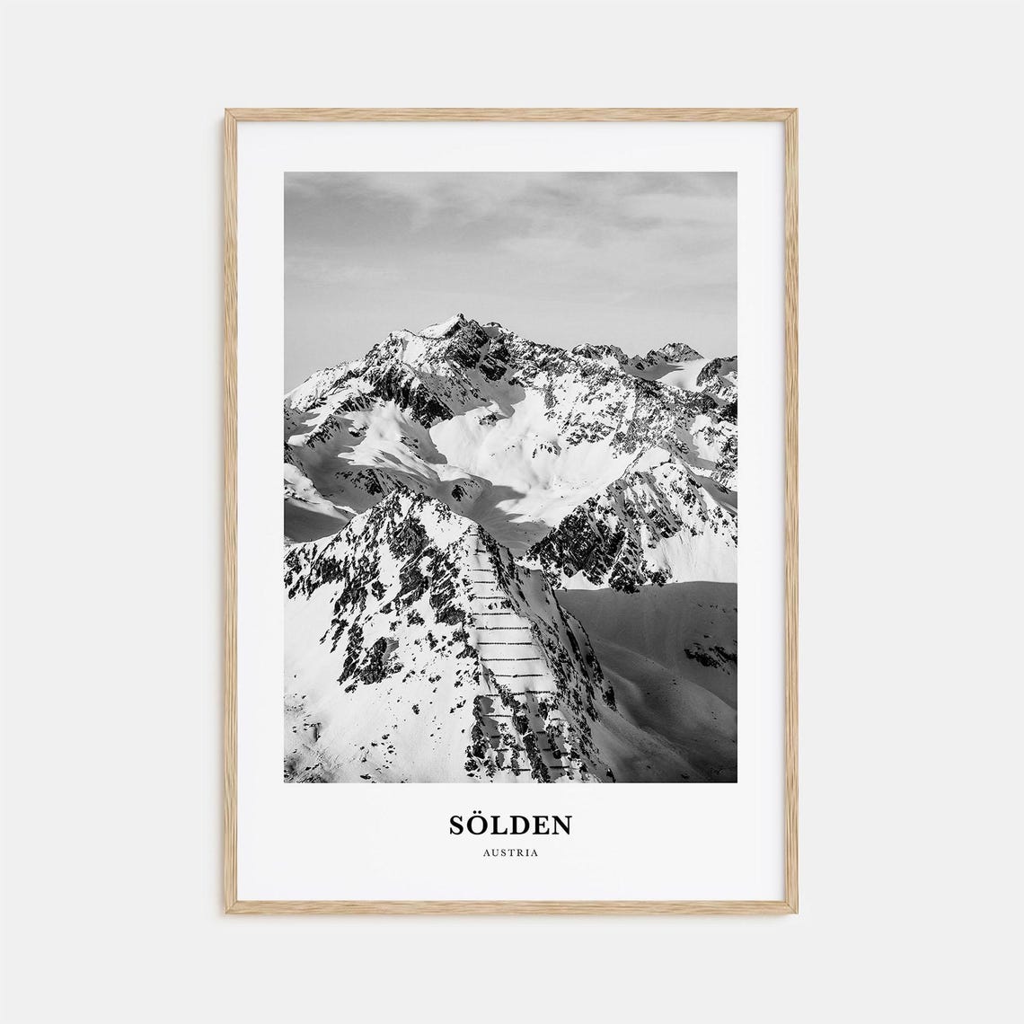 Sölden Austria Snowy Alpine Peaks Black and White Ski Poster