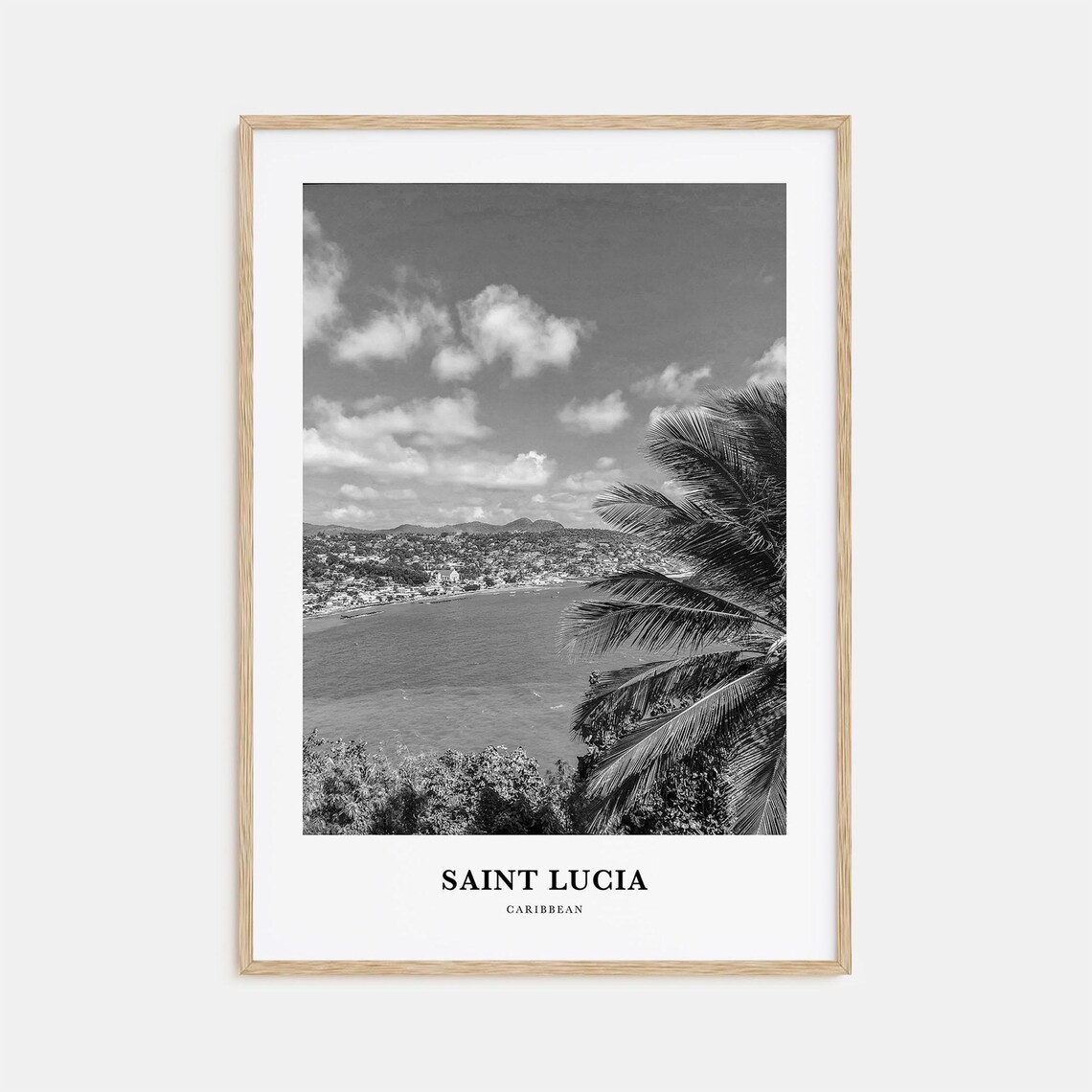 Saint Lucia Caribbean Bay Palm Trees And Town Black And White Poster