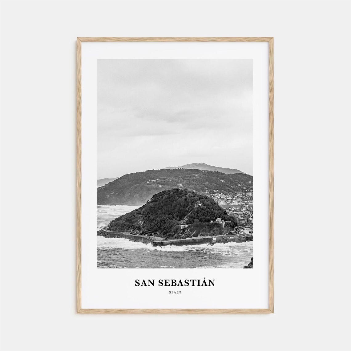 San Sebastian Spain Coastal Hill Ocean Waves Black And White Poster