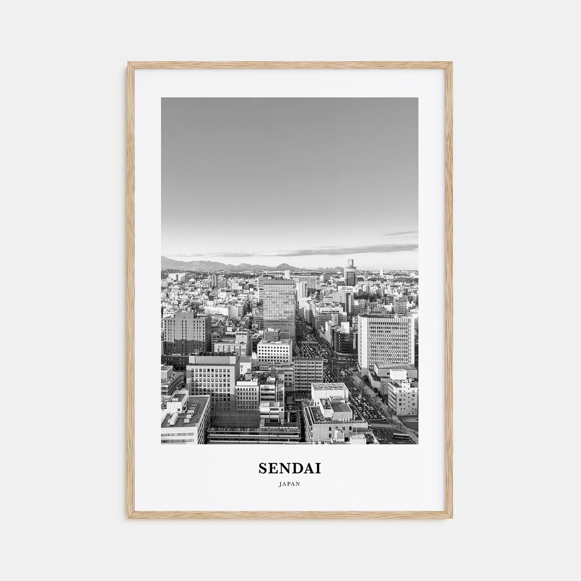 Sendai Japan City Aerial Skyline View Black White Travel Poster