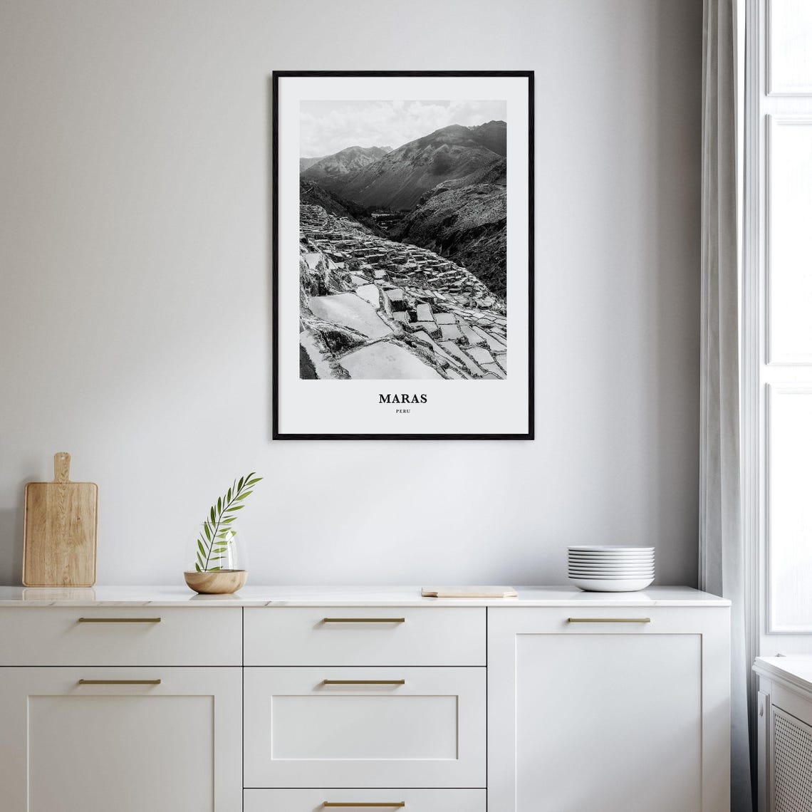 Maras Peru Salt Terraces Mountain Valley Black White Photo Poster - Image 2