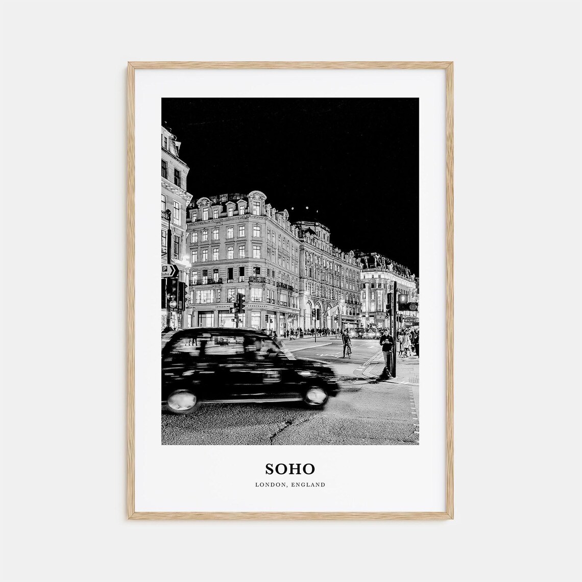 Soho London Night Street Black Taxi Black and White Photo Poster