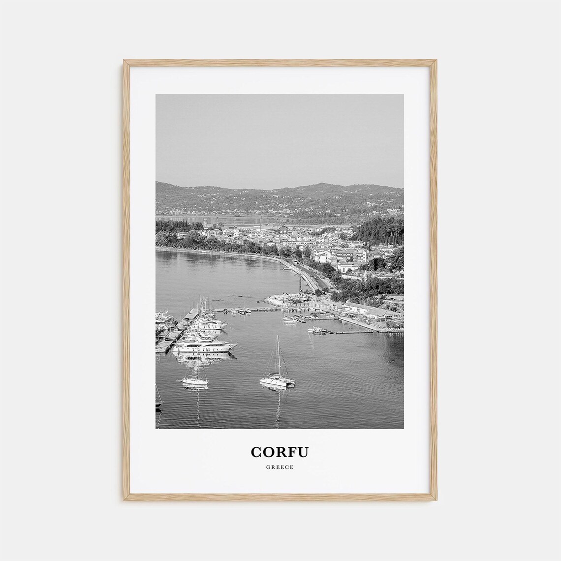 Corfu Greece Marina Bay Aerial Black and White Travel Poster