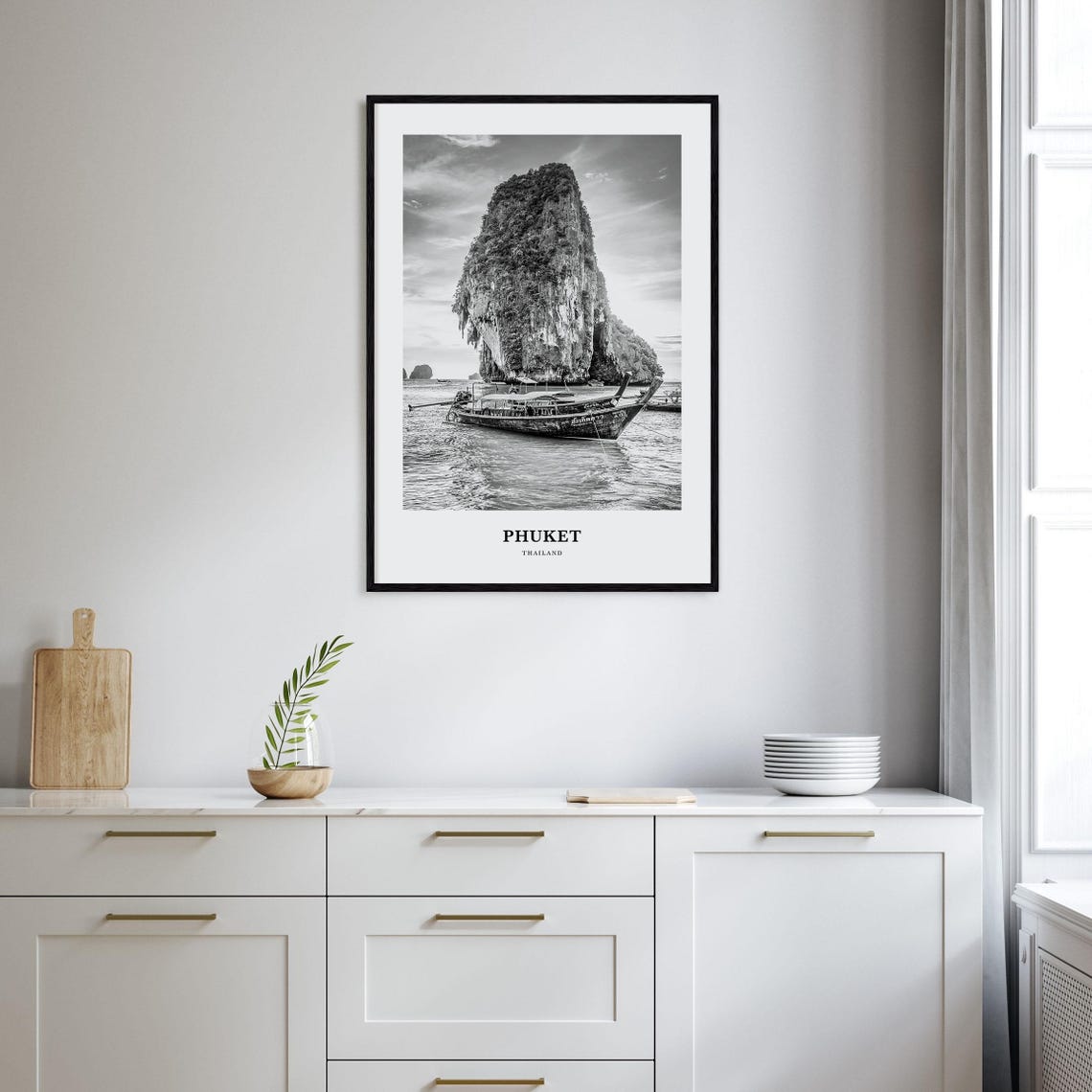 Phuket Thailand Limestone Karst Longtail Boat Black and White Poster - Image 2