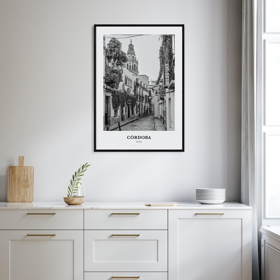 Cordoba Spain Old Street Bell Tower Black and White Travel Poster - Image 2