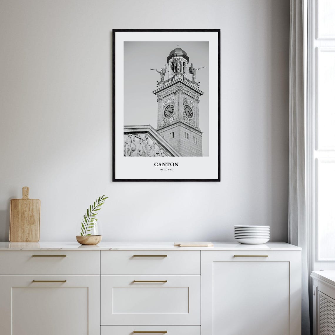 Canton Ohio Historic Clock Tower Angel Statues Monochrome Poster - Image 2