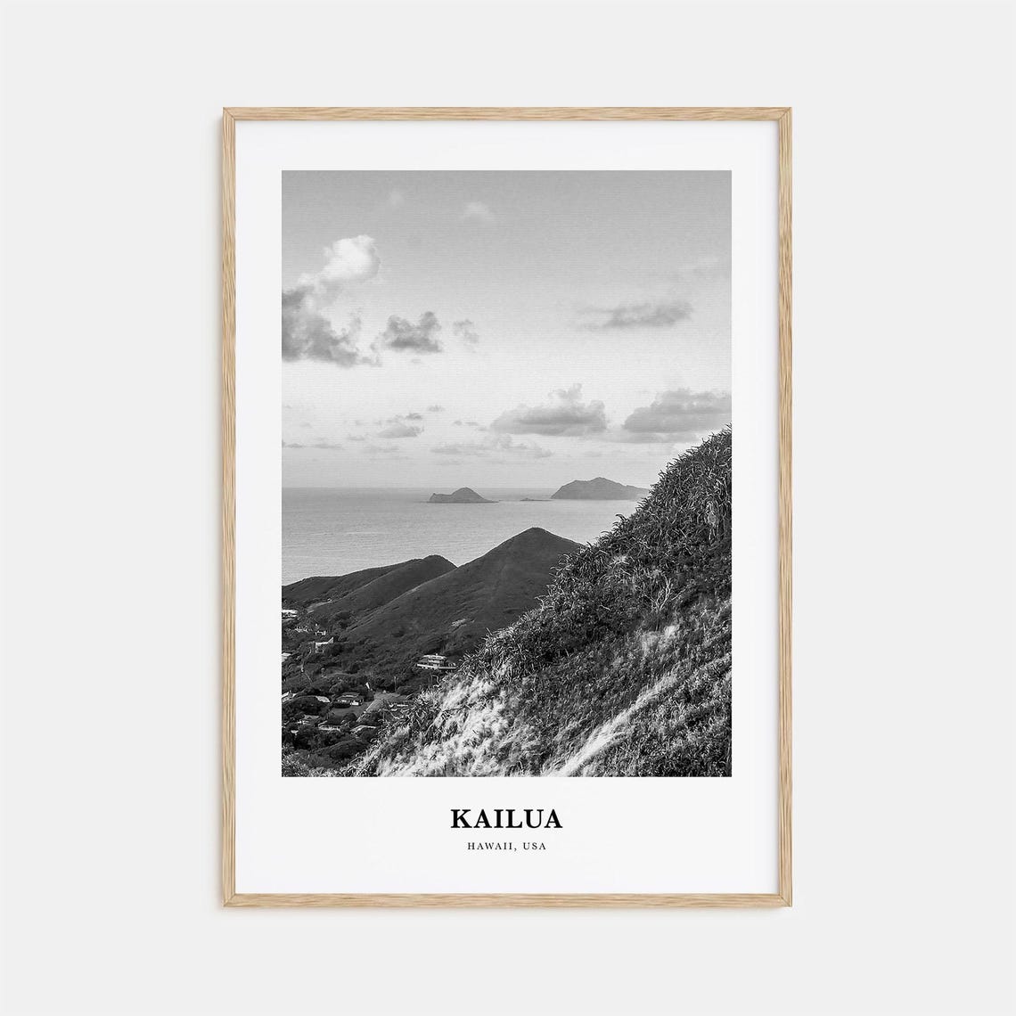 Kailua Hawaii Black and White Coastal Hills Offshore Islands Poster