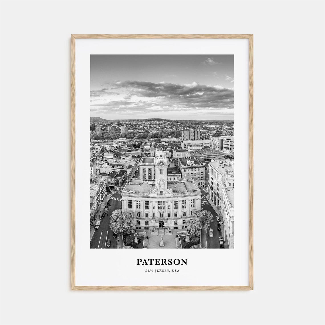 Paterson New Jersey City Hall and Downtown Aerial Black White Poster