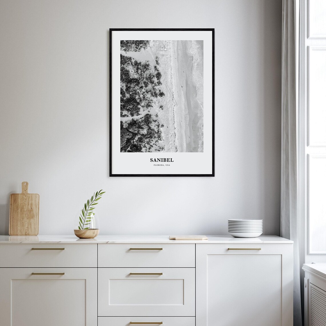Sanibel Florida Aerial Beach Shoreline Waves Black White Poster - Image 2