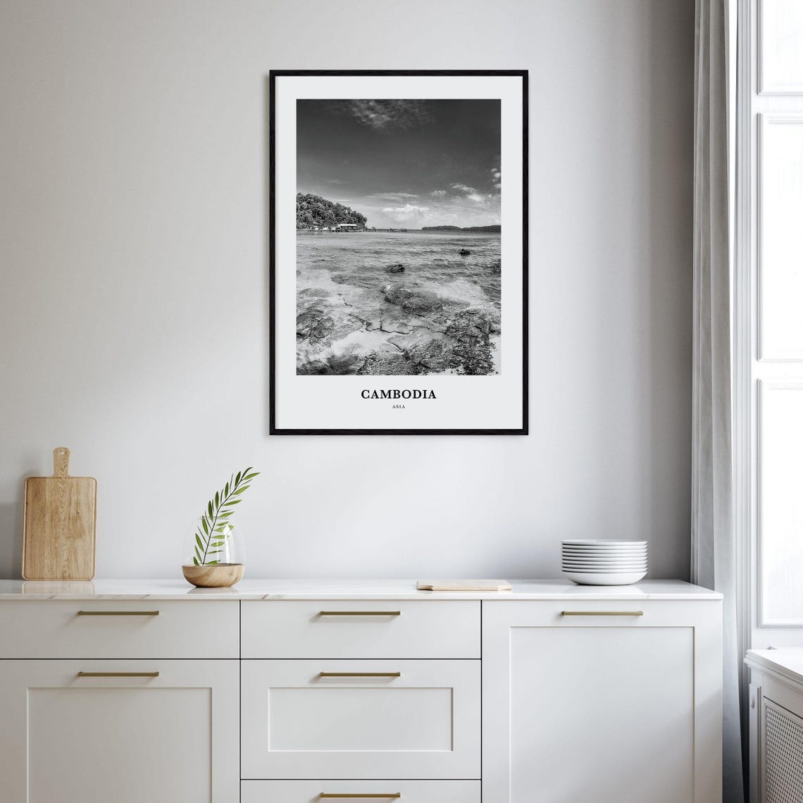 Cambodia Beach Rocky Shoreline Black and White Travel Poster - Image 2