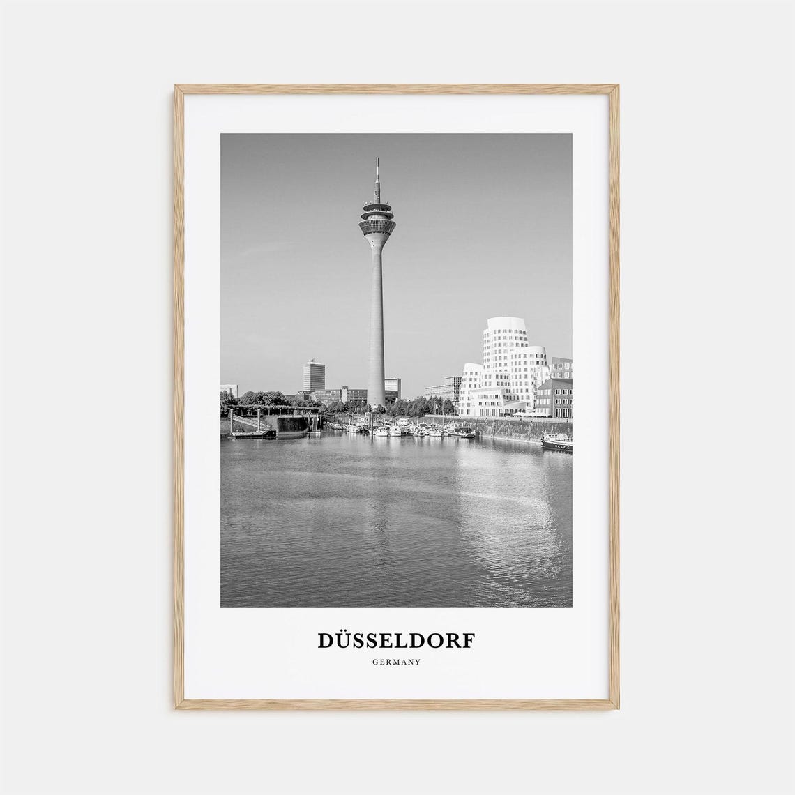 Dusseldorf Rheinturm Tower at the Harbour Black and White Poster