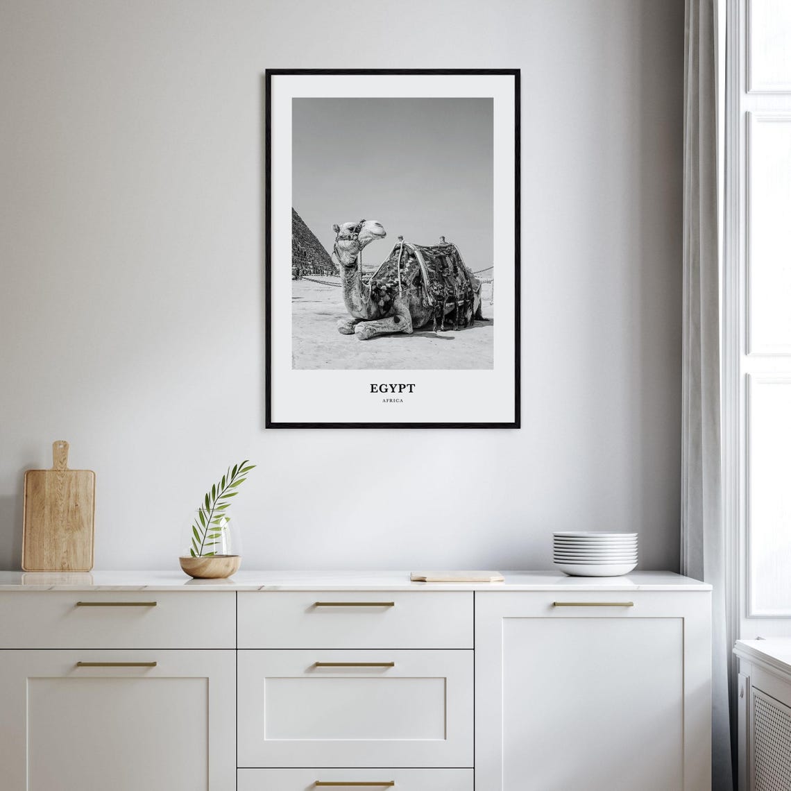 Egypt Giza Great Pyramid Camel Resting Desert Monochrome Poster - Image 2