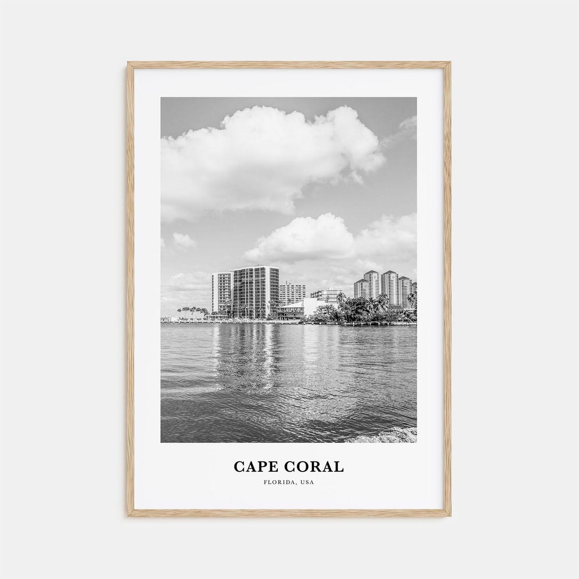 Cape Coral Waterfront Towers Black and White Florida Skyline Poster