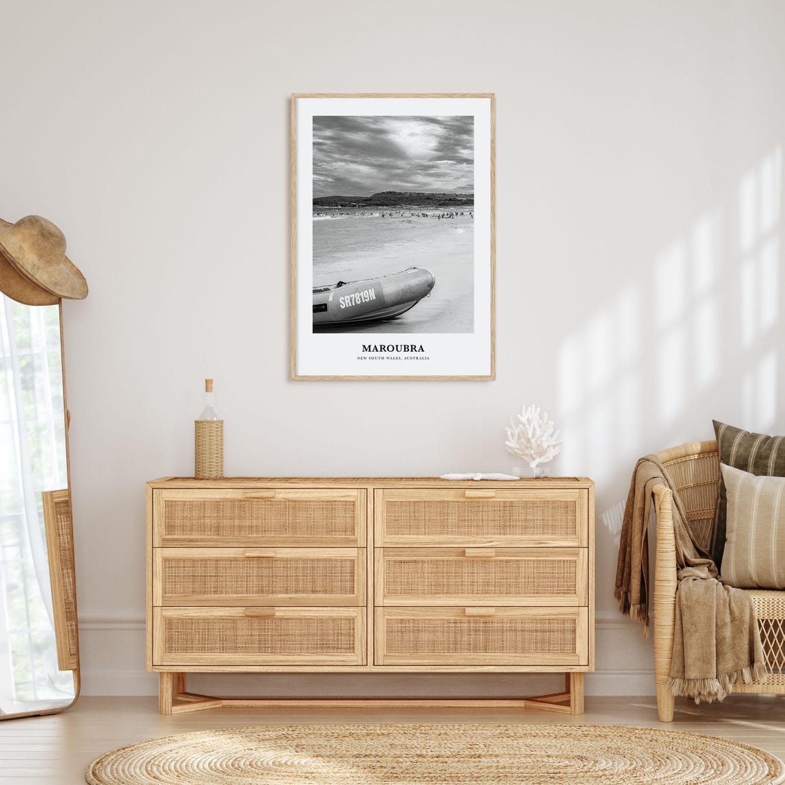 Maroubra Australia Surf Beach Rescue Boat Black White Poster - Image 3