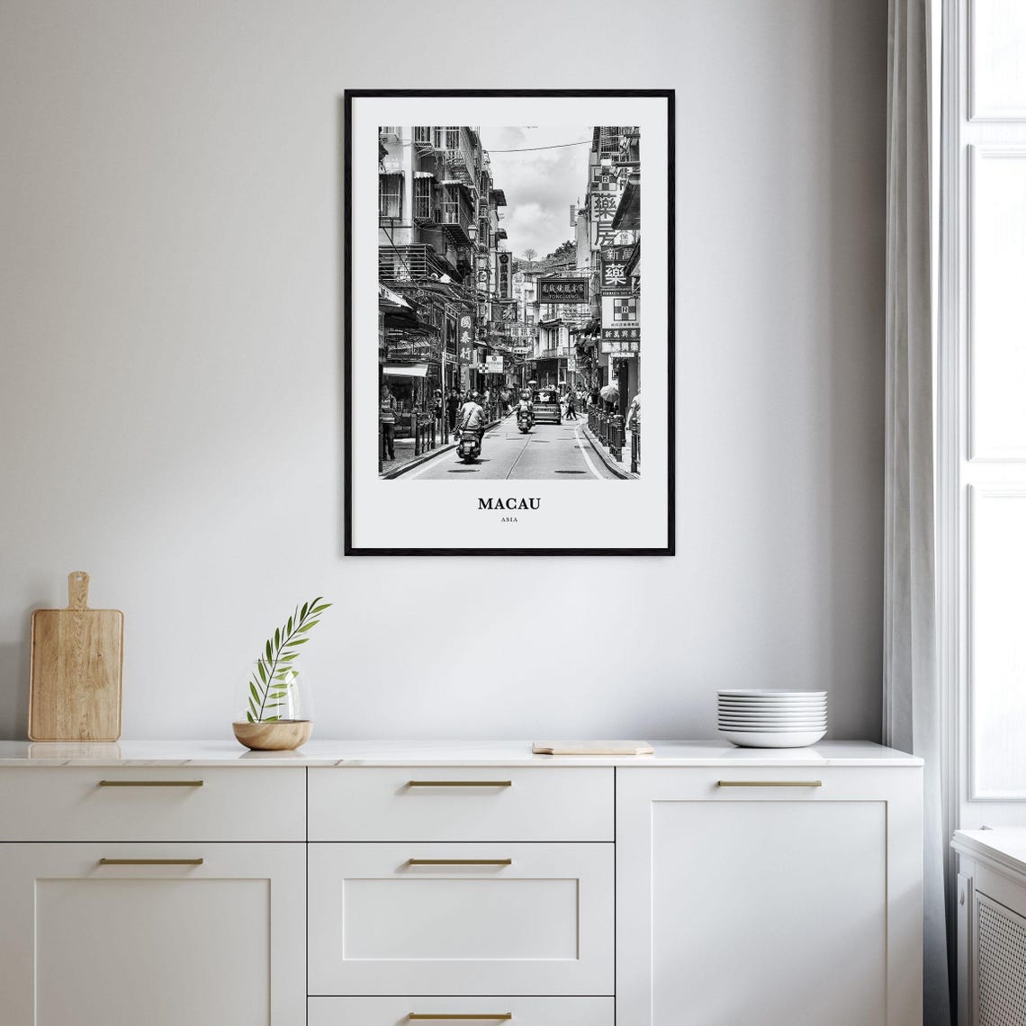 Macau Old Town Street Scene Black and White Photography Poster - Image 2