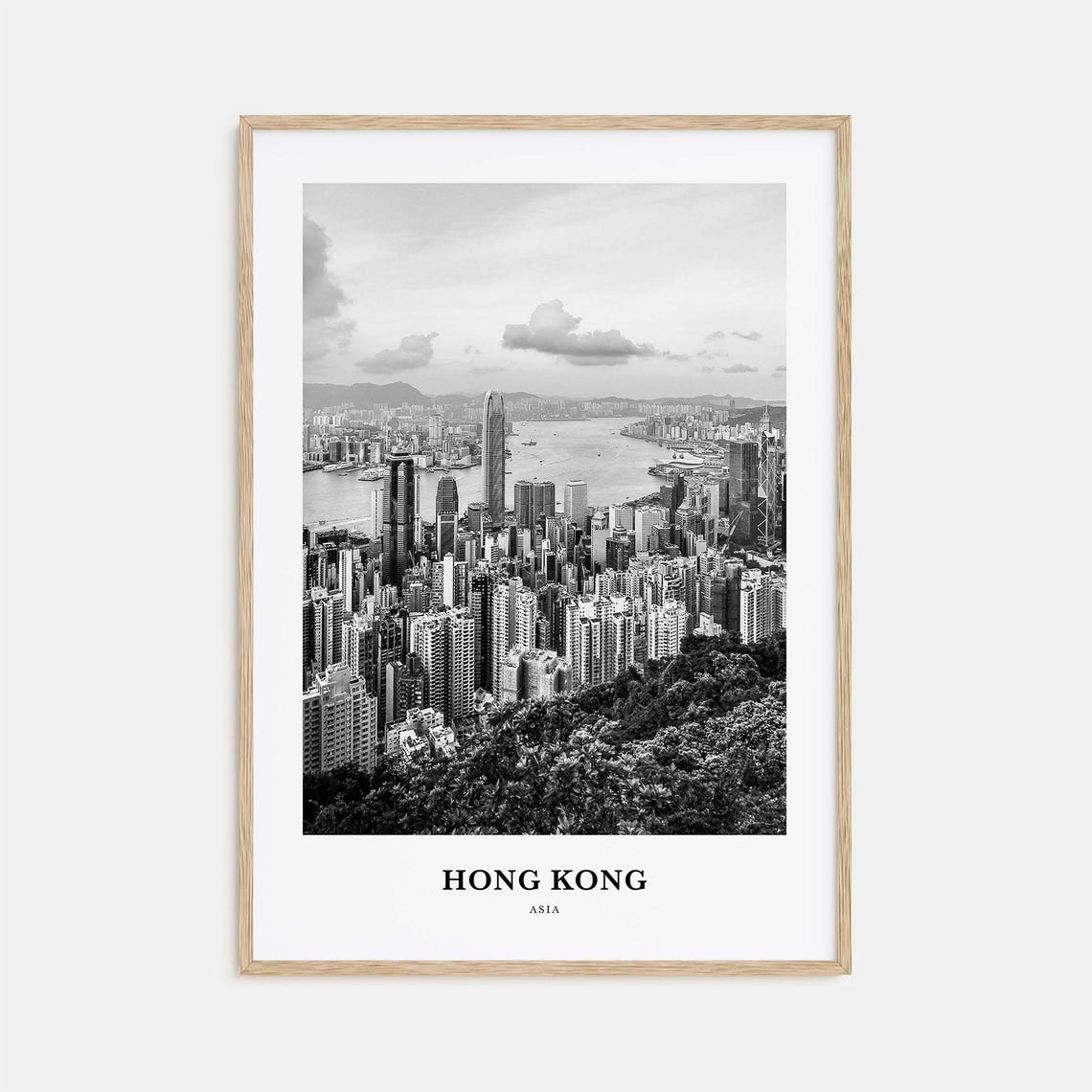 Hong Kong Victoria Harbour Skyline Black and White Travel Poster