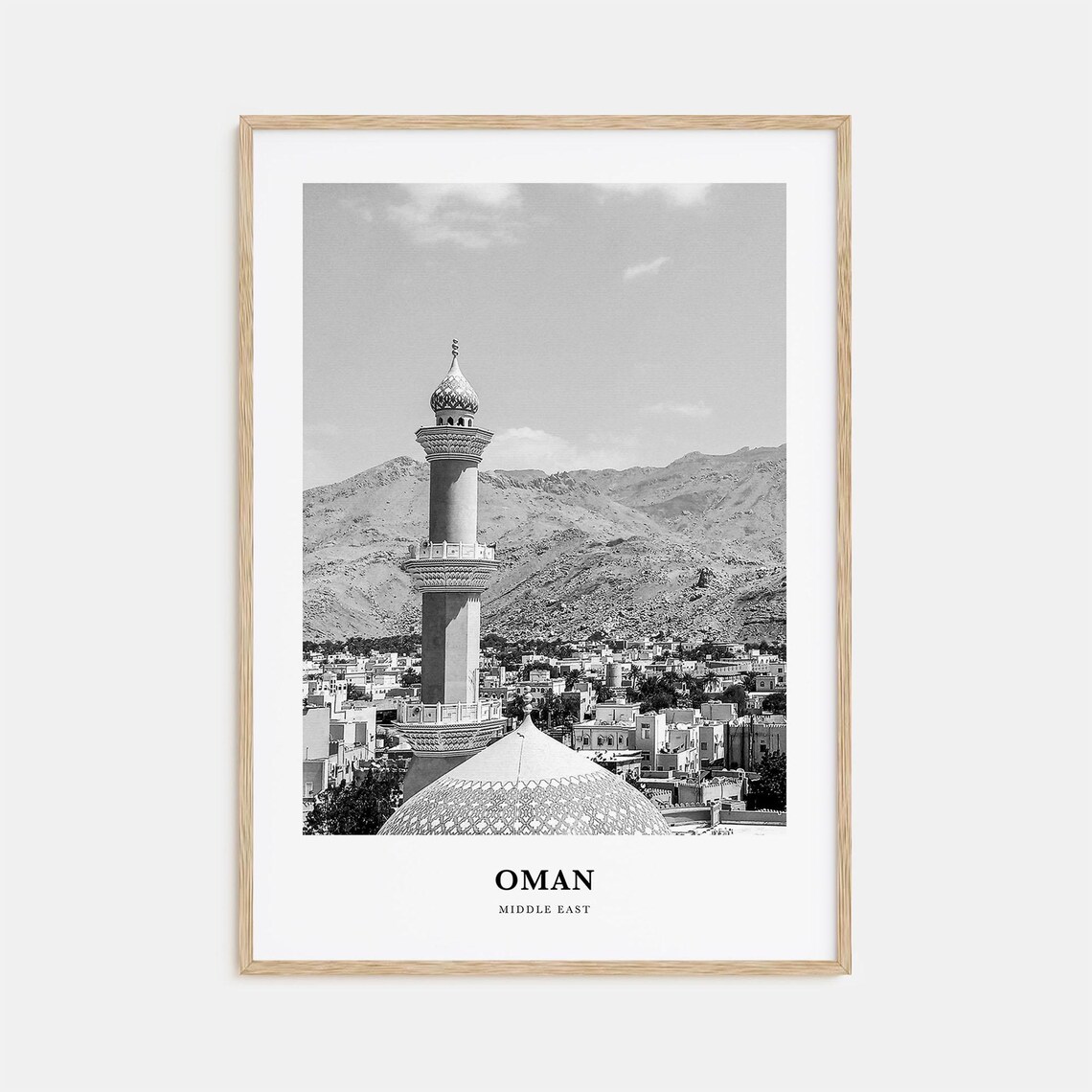 Oman Mosque Minaret Old Town Mountains Black White Middle East Poster