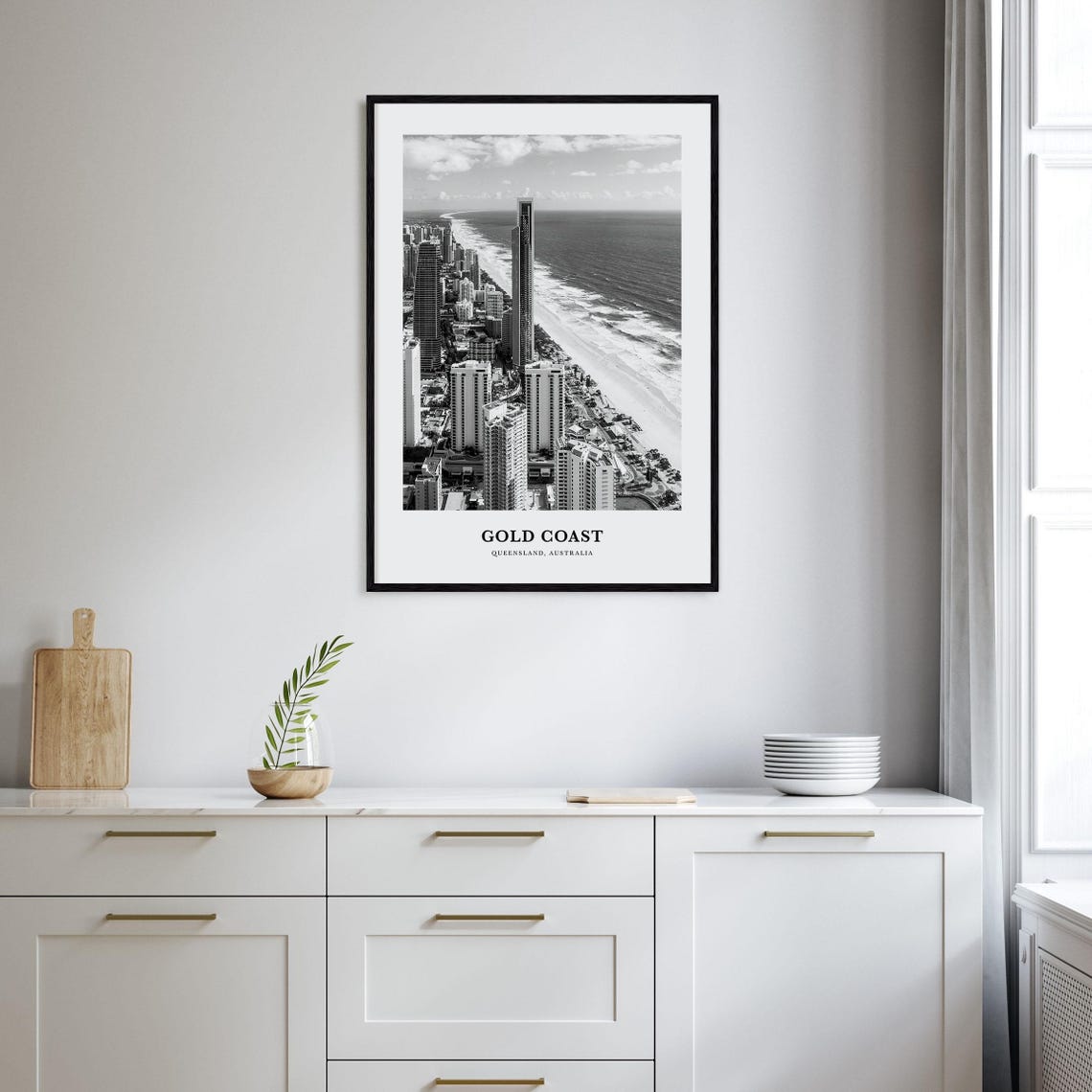 Gold Coast Surfers Paradise Skyline Aerial Black White Poster - Image 2