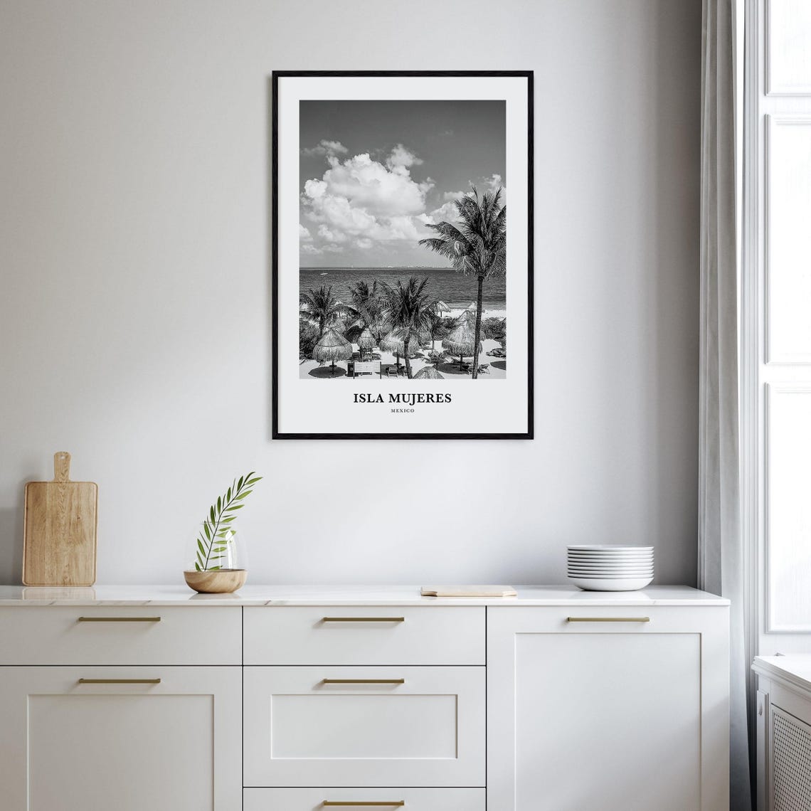 Isla Mujeres Mexico Palapa Beach Palms Black and White Poster - Image 2