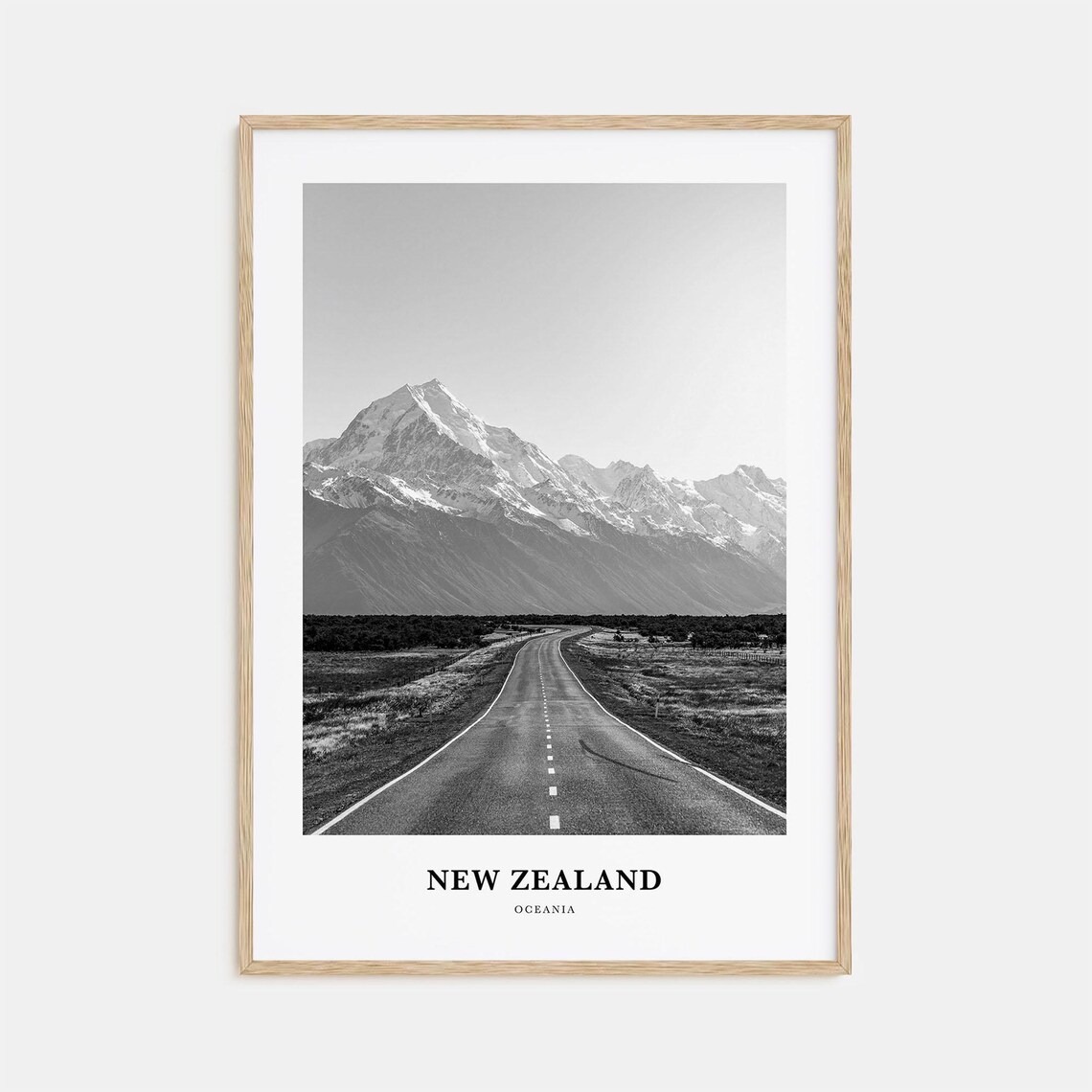 New Zealand Mountain Road Black and White Landscape Travel Poster