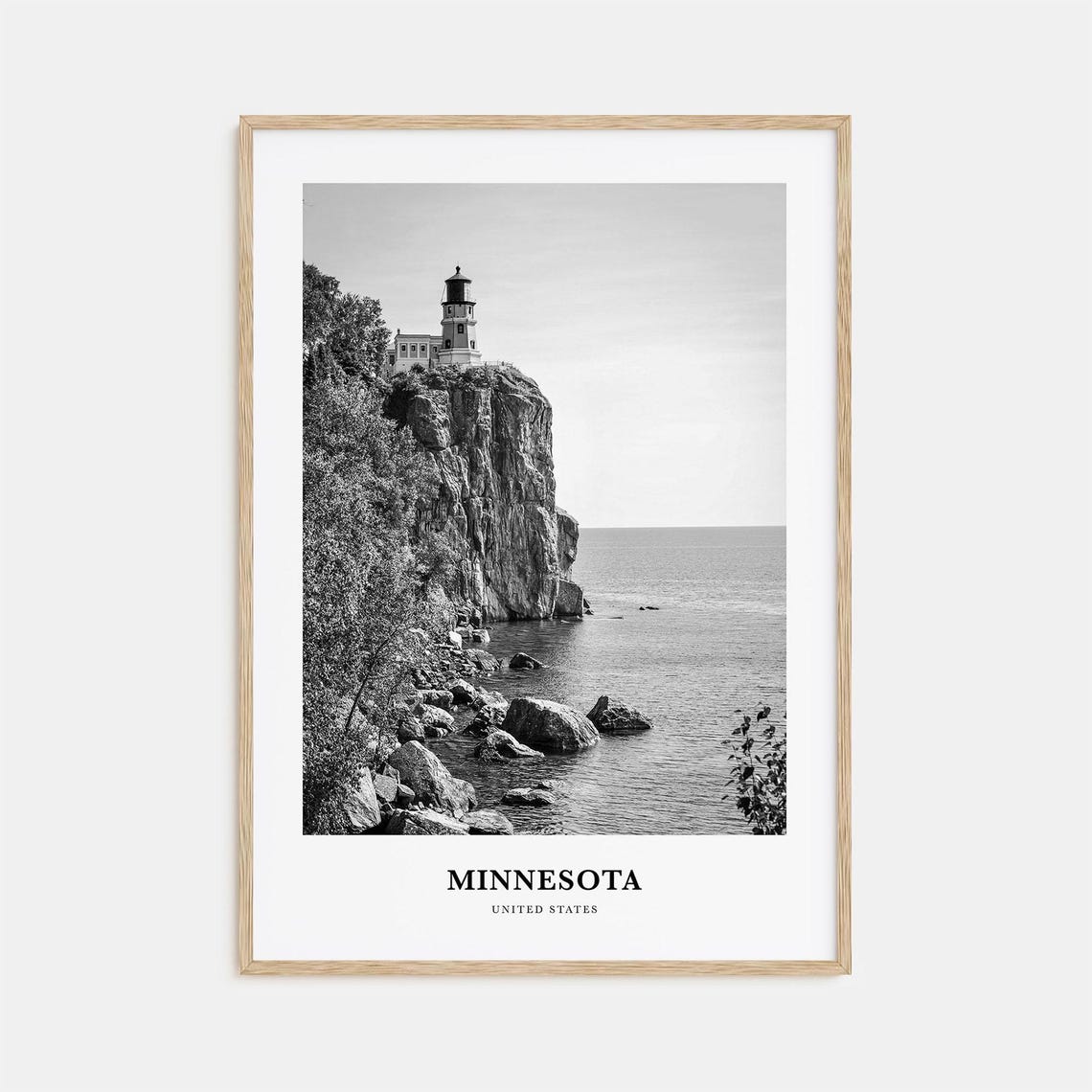Minnesota Cliffside Lighthouse Black And White Coastal Scenery Poster
