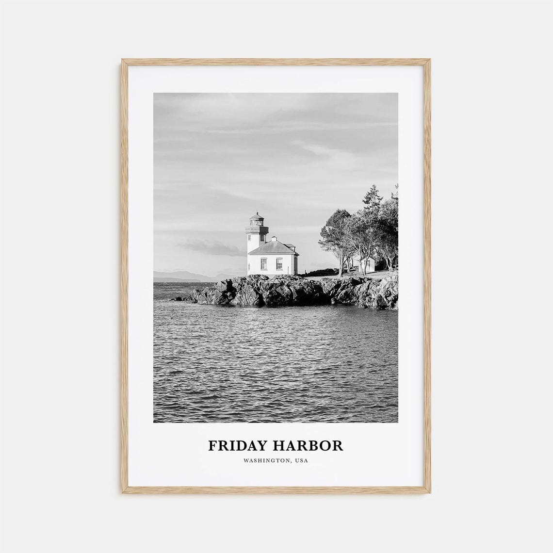 Friday Harbor Lighthouse on Rocky Shore Black and White Travel Poster