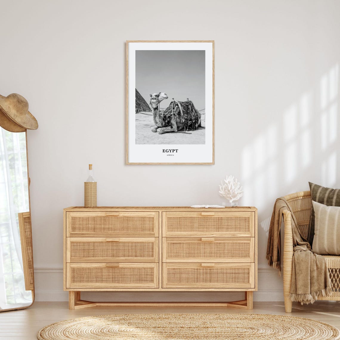 Egypt Giza Great Pyramid Camel Resting Desert Monochrome Poster - Image 3
