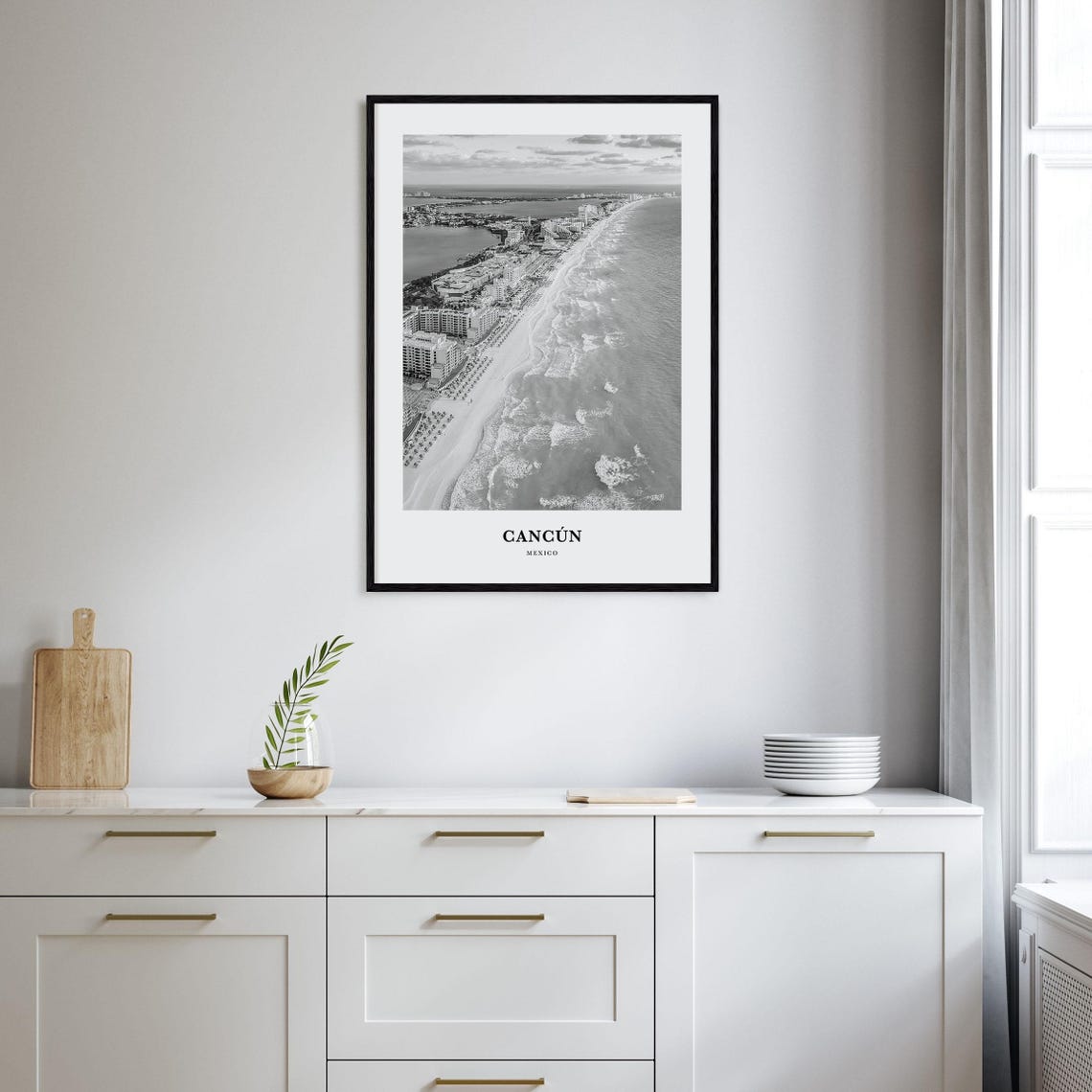 Cancun Mexico Resort Beach Shoreline Aerial Black White Art Print - Image 2
