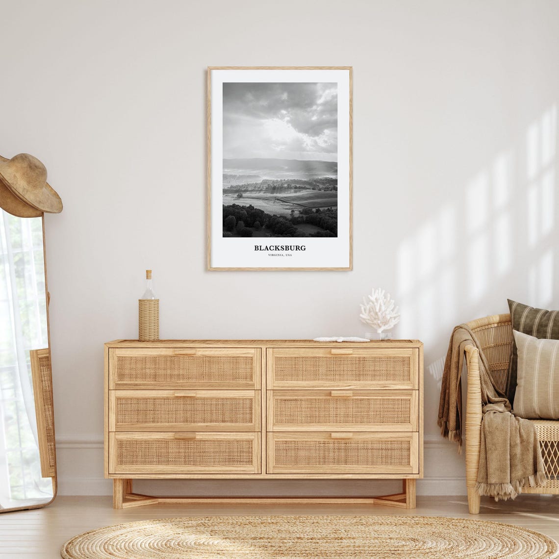 Blacksburg Virginia Misty Valley Sunrise Black and White Poster - Image 3