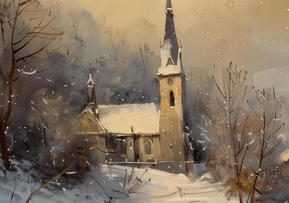 Winter Church Scene Painting Snowy Village At Golden Light Poster - Image 4