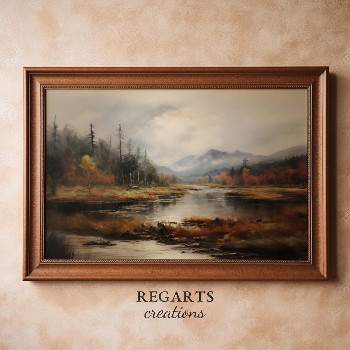 Moody Autumn Lake Painting Pines And Mountains Misty Scene Poster - Image 5