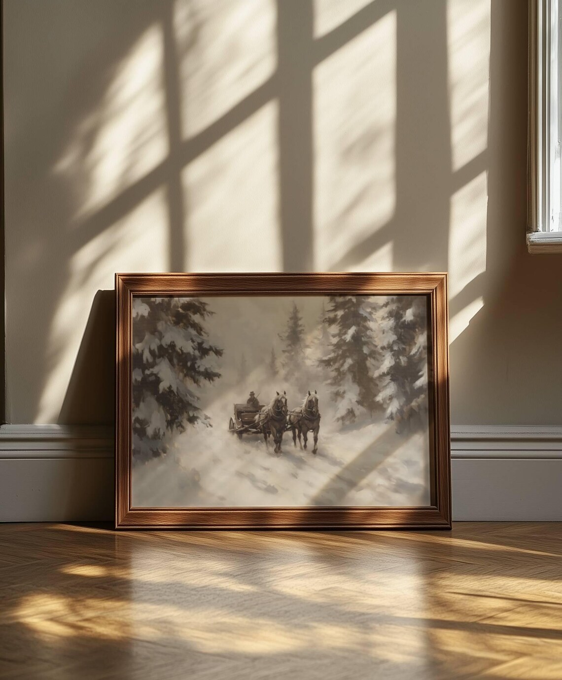 Antique Horse Sleigh Ride Through Snowy Forest Oil Painting Poster - Image 4