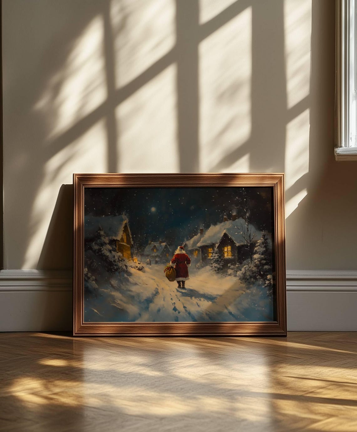 Santa Claus Walking Through Snowy Village On Christmas Eve Poster - Image 3