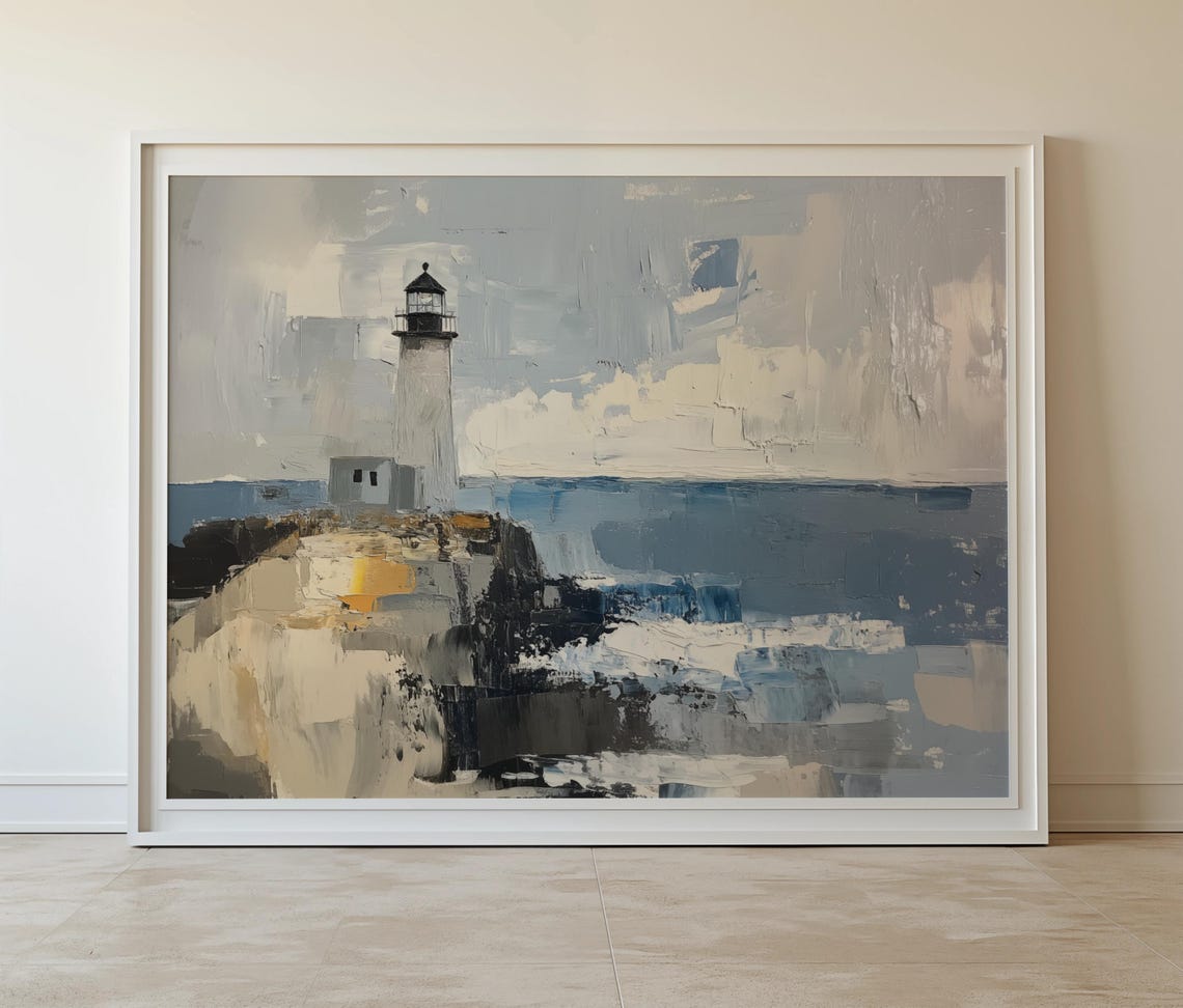 Lighthouse On Rocky Cliffs Abstract Coastal Seascape Blue Poster - Image 7