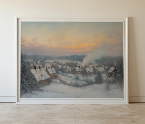 Snowy Village At Sunset Smoke Rising Chimneys Winter Evening Poster