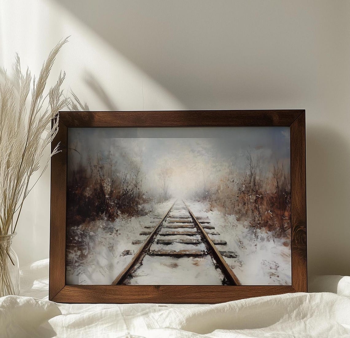 Train Tracks Through Snowy Winter Forest Misty Railroad Poster