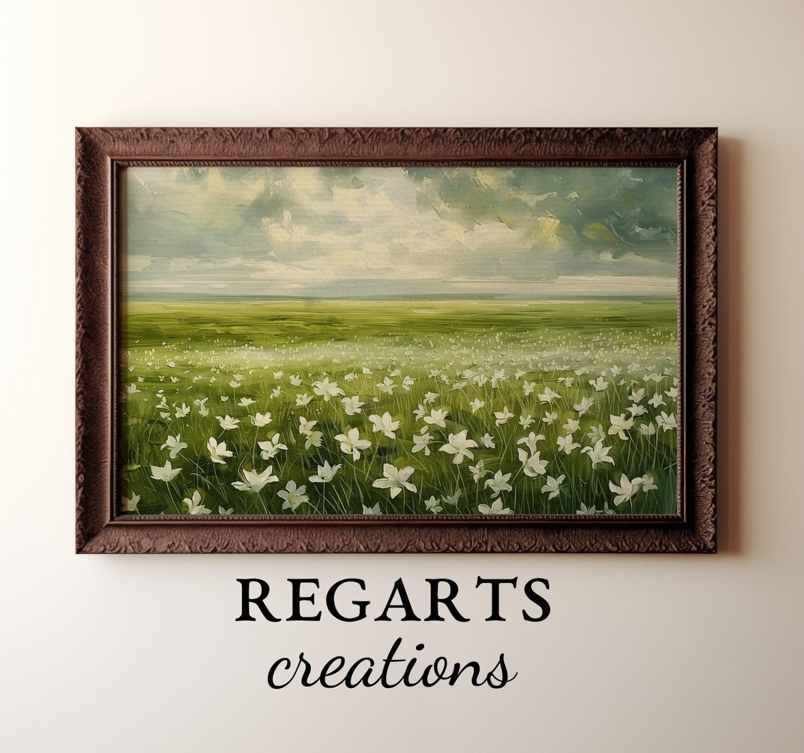 White Wildflower Field Painting Serene Green Meadow Landscape Poster - Image 2