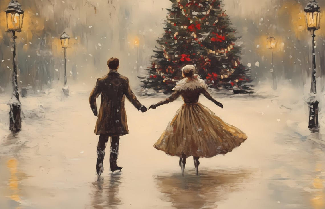 Romantic Ice Skating Couple Christmas Tree Snowy Night Avenue Poster - Image 5
