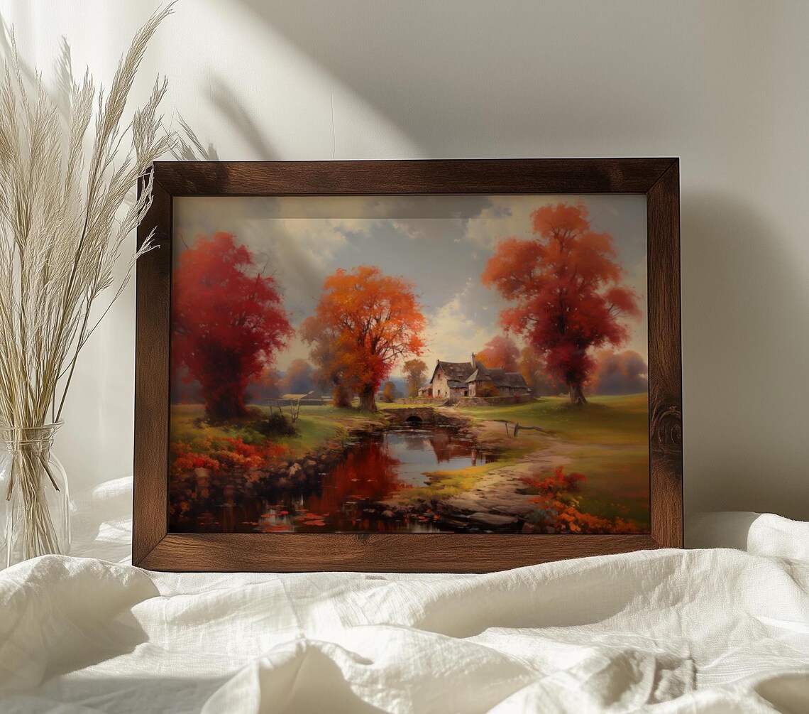 Autumn Village Painting Red Trees By Pond Cottage Scene Poster