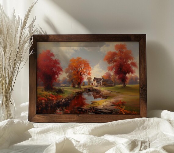 Autumn Village Painting Red Trees By Pond Cottage Scene Poster