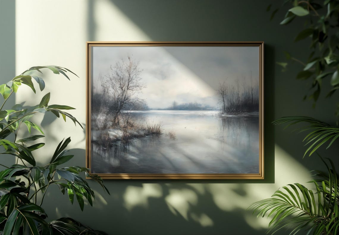Misty Winter Lake With Bare Trees Antique Style Landscape Poster - Image 3