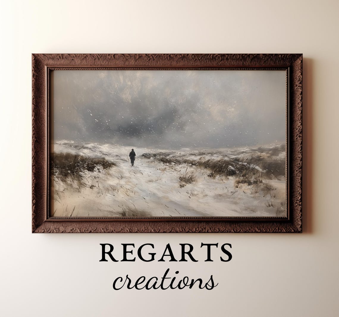 Lone Figure Walking Through Snowy Blizzard Moody Winter Field Poster - Image 5