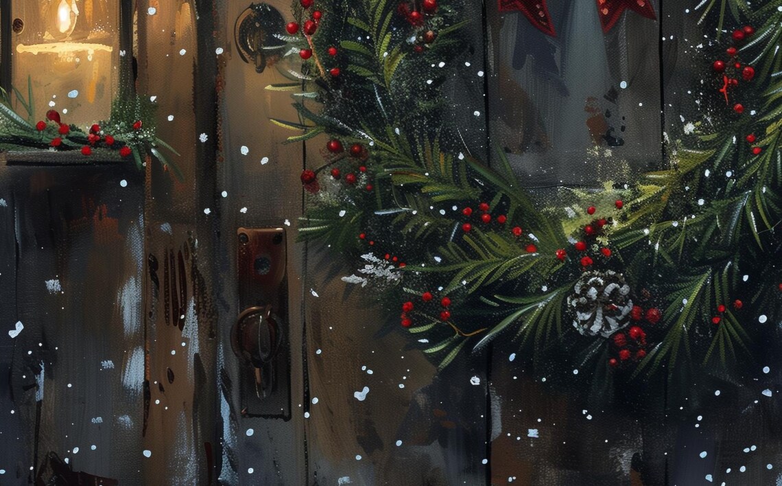 Antique Christmas Wreath With Red Bow On Dark Wooden Door Poster - Image 4