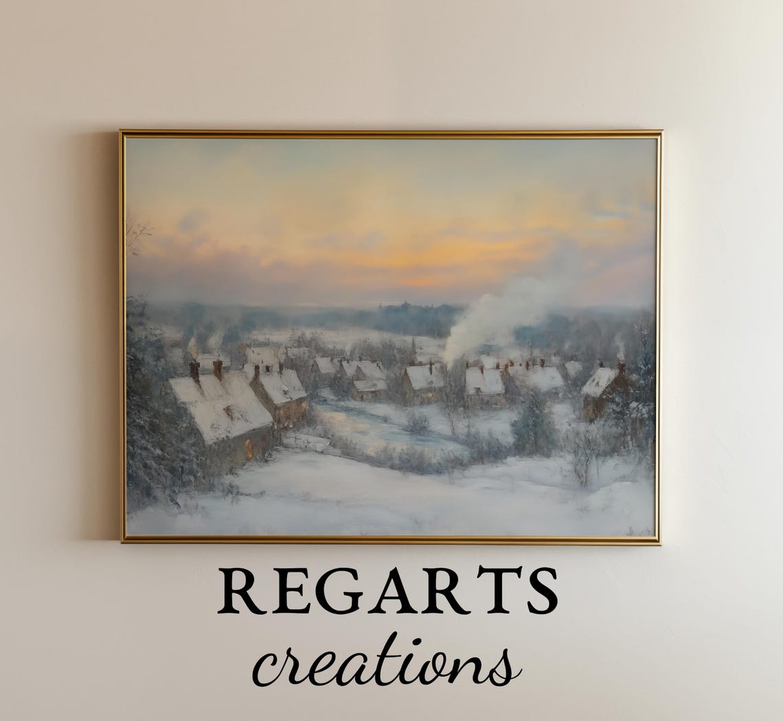 Snowy Village At Sunset Smoke Rising Chimneys Winter Evening Poster - Image 6