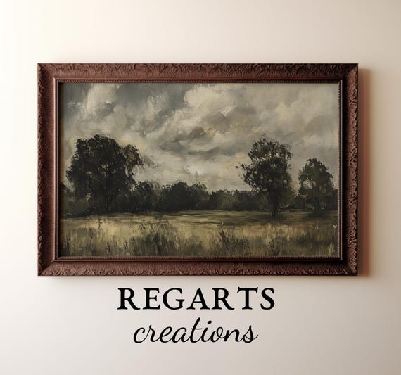 Antique Oil Painting Of A Field And Clouds Print Art Regarts