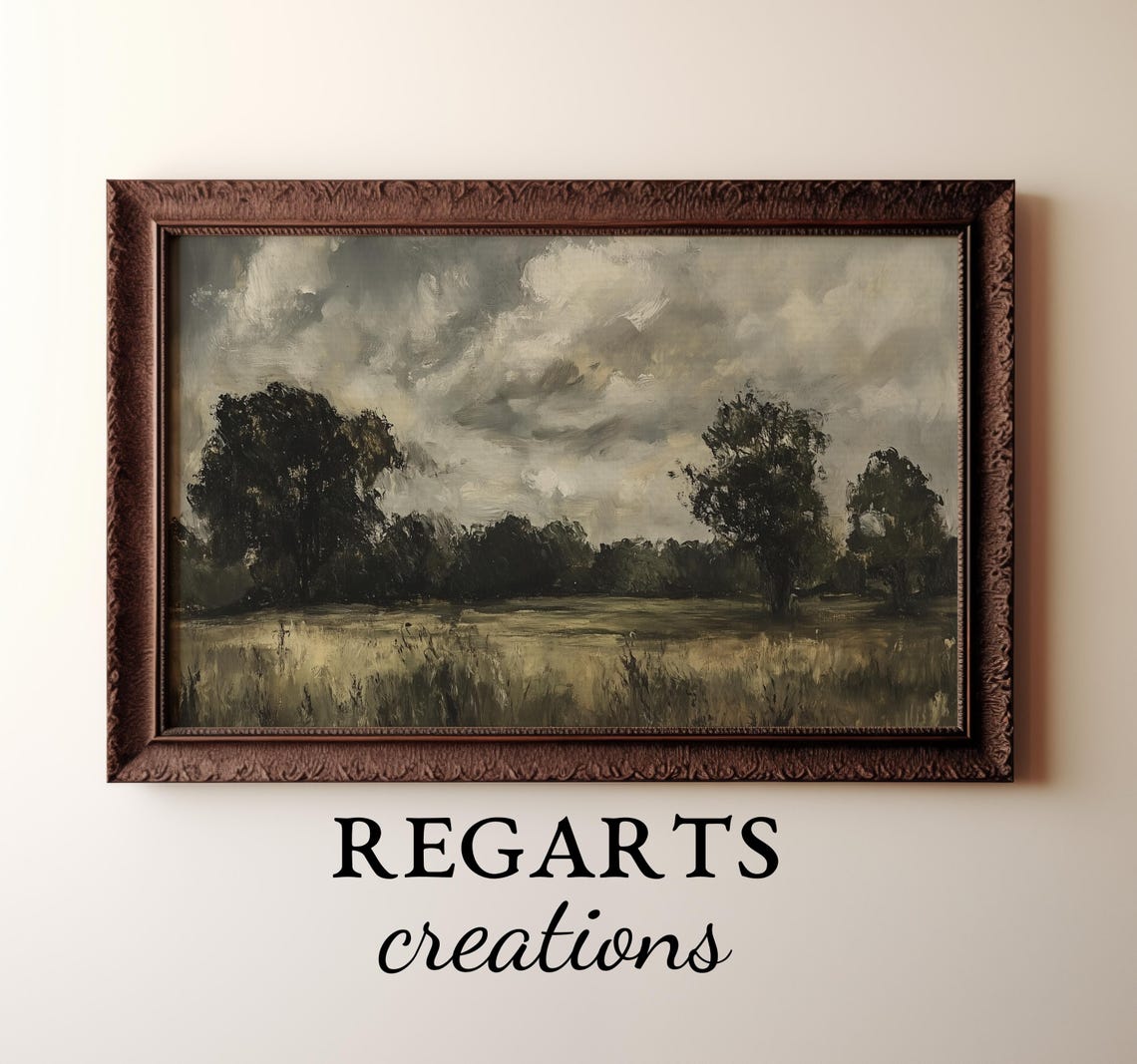 Moody Field Painting Dark Trees Under Dramatic Cloudy Sky Poster