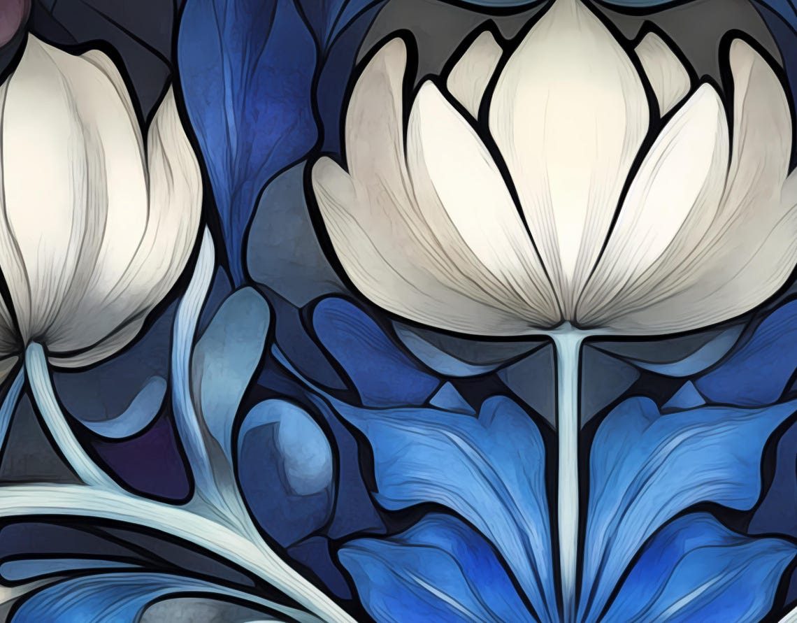 Art Nouveau White Lotus Flowers Deep Blue Elegant Floral Poster - Image 7
